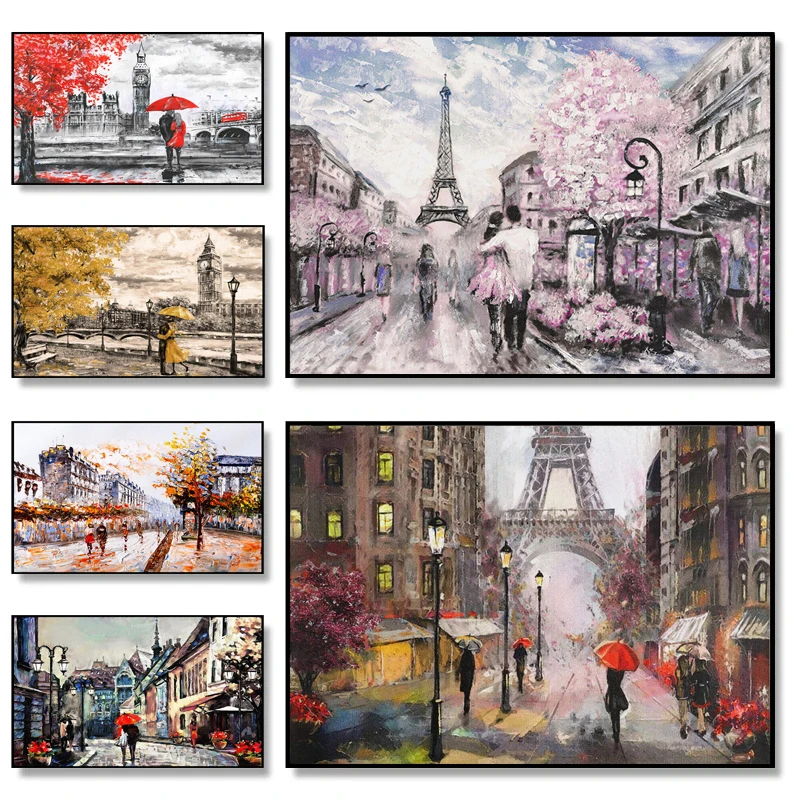 

Abstract Graffiti Romantic City Picture Walking Paris Tower Landscape Canvas Poster Living Room Home Bedroom Decoration Painting