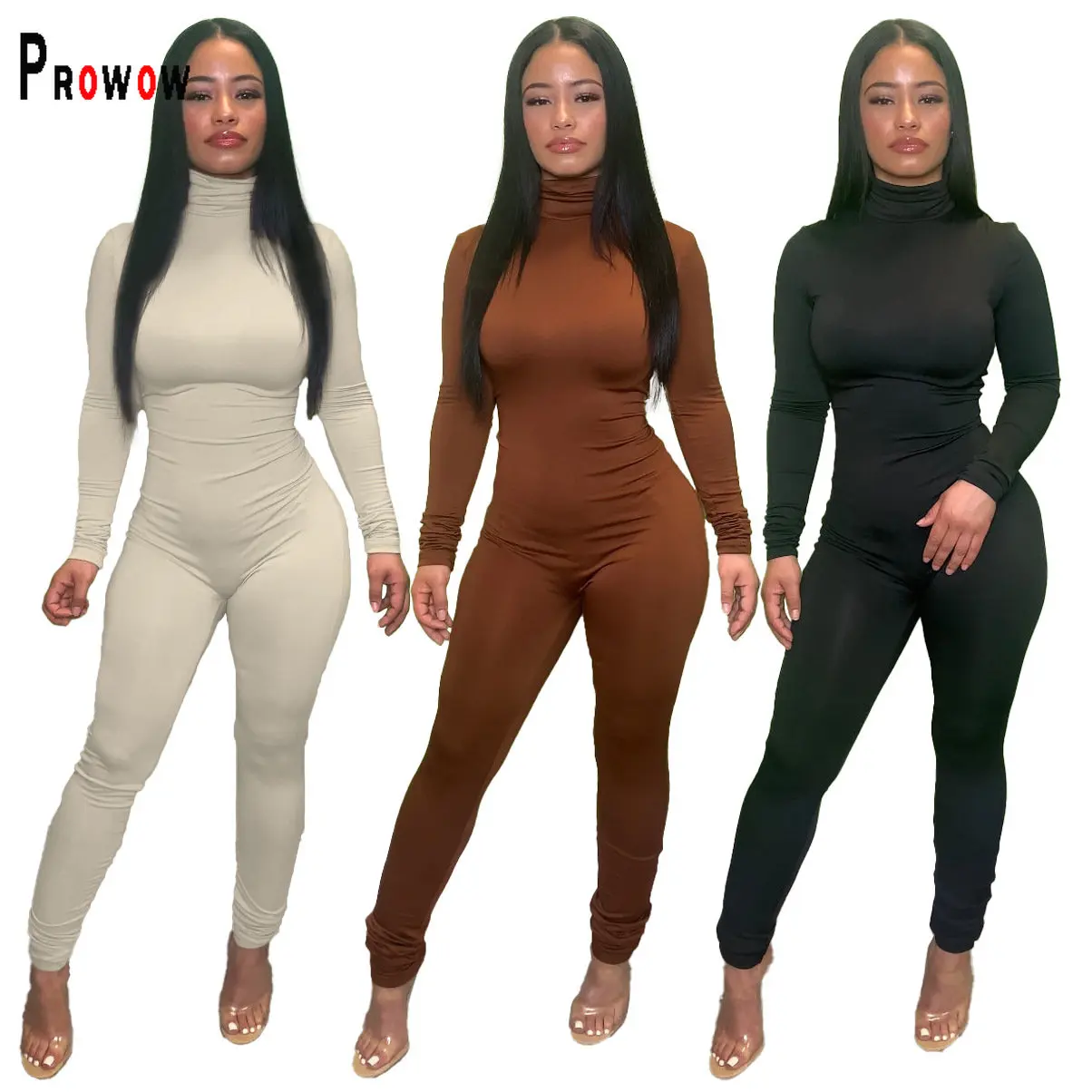 

Prowow Jumpsuits Bodycon Outfits Fall Winter Basic Female Clothing Solid Zipper Turtleneck Women Long Sleeve One Piece Romper