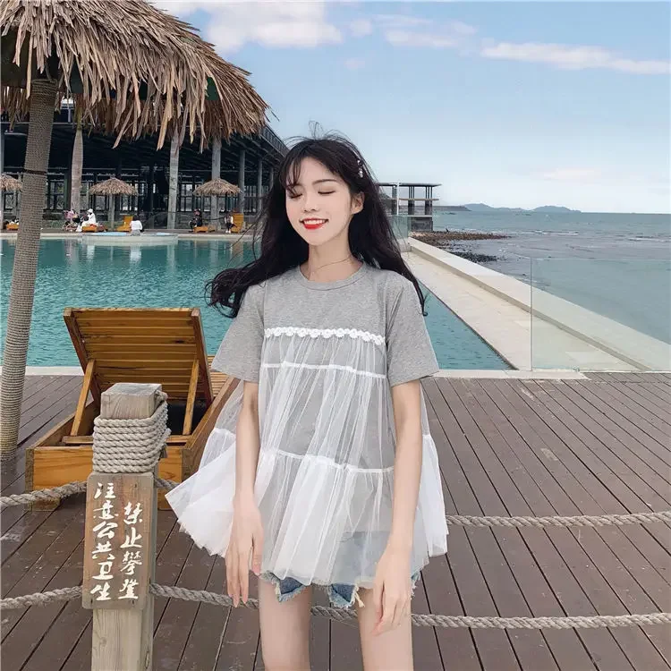 Женские футболки летняя сетчатая простроченная свободная футболка с коротким