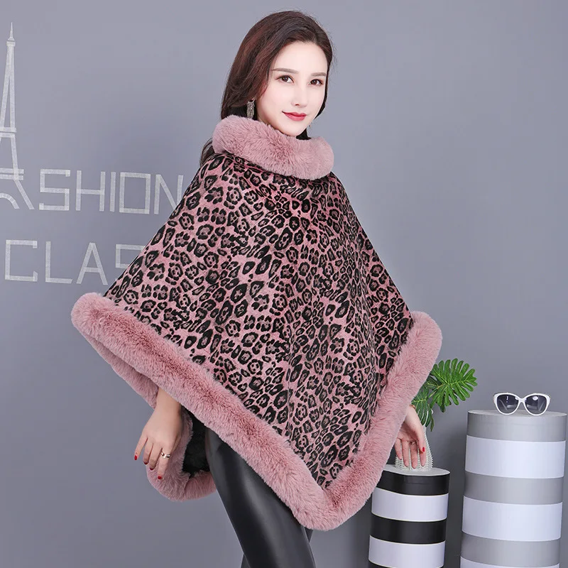 2022 Fur-like Female Leopard-print Rex Rabbit Fur Warm Padded Towel Luxury Leopard Lady  Velvet Cloak In Autumn  Winter top