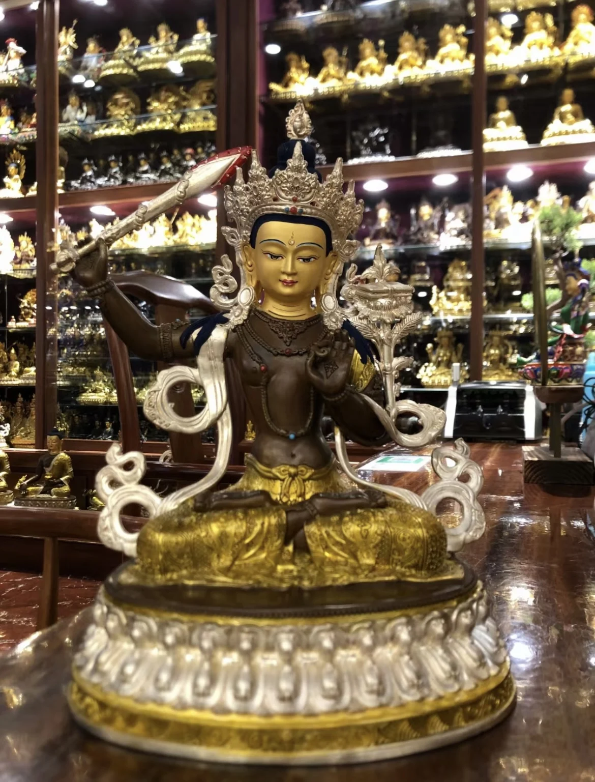 

30cm large Wholesale Buddhist Item 5A gilding copper Manjusri Sakyamuni Buddha statue HOME family protection worship Buddha