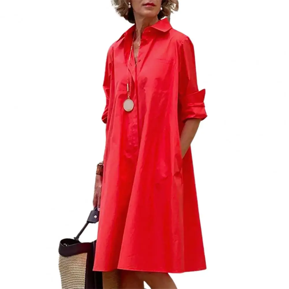 

Elegant Shirt Dresses Women Autumn Lapel Slant Pockets Half Placket Long Sleeve Solid Color Loose Shirt Dress Female Clothing