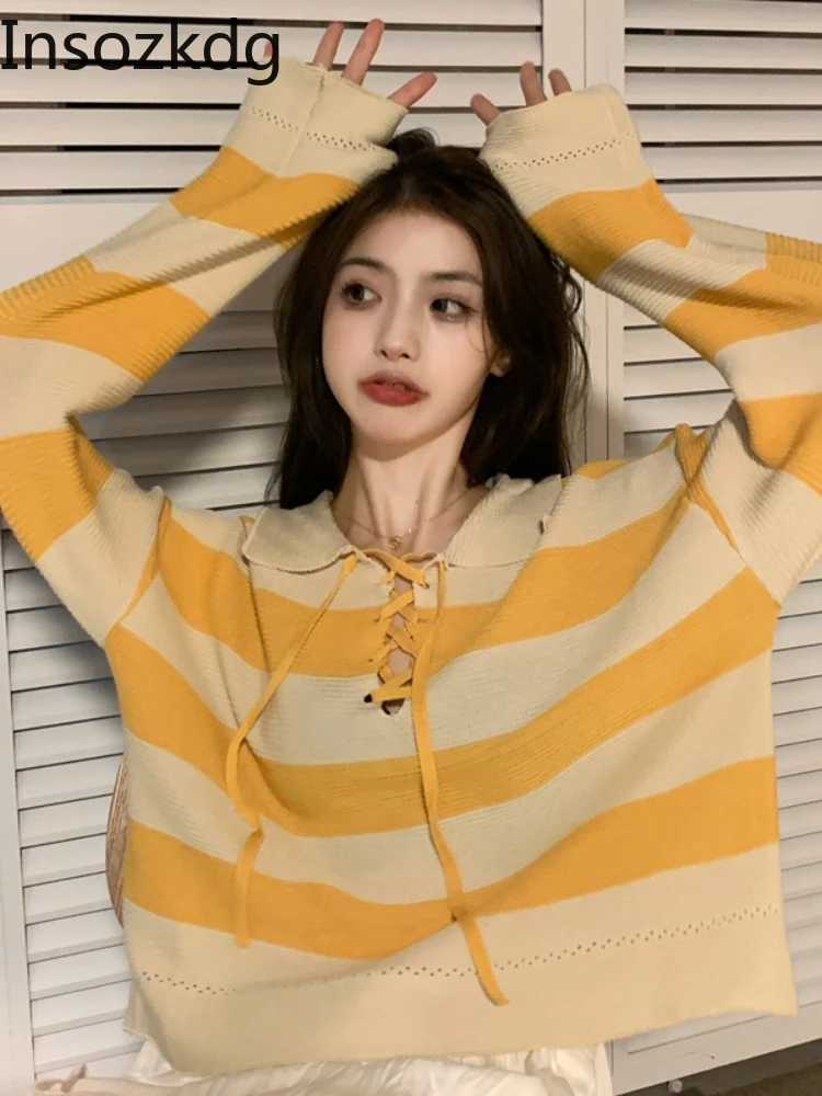 

Insozkdg Sweater Pullover New Fashion Striped Lapel Lace-up Pullover Women Sweater 2022 Spring Fall Fashion Youth Women Sweater