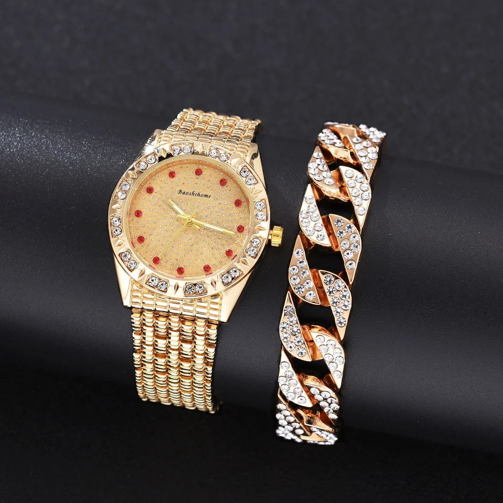 Золотые женские часы Майами с кубинской цепью и браслетом кристаллами Модные