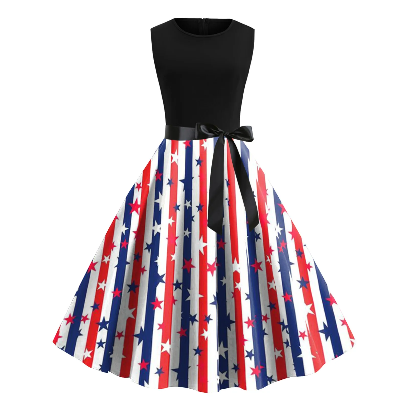 

Womens Summer Round Neck Sleeveless America Flag Print Vintage Rockabilly Swing Cocktail Dresses Casual Tunic Dress