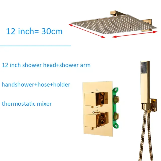 

Golden Embedded Box Thermostatic Shower Mixer Faucet Ultrathin Rainfall Shower Head Bathroom Thermostatic Shower Mixer