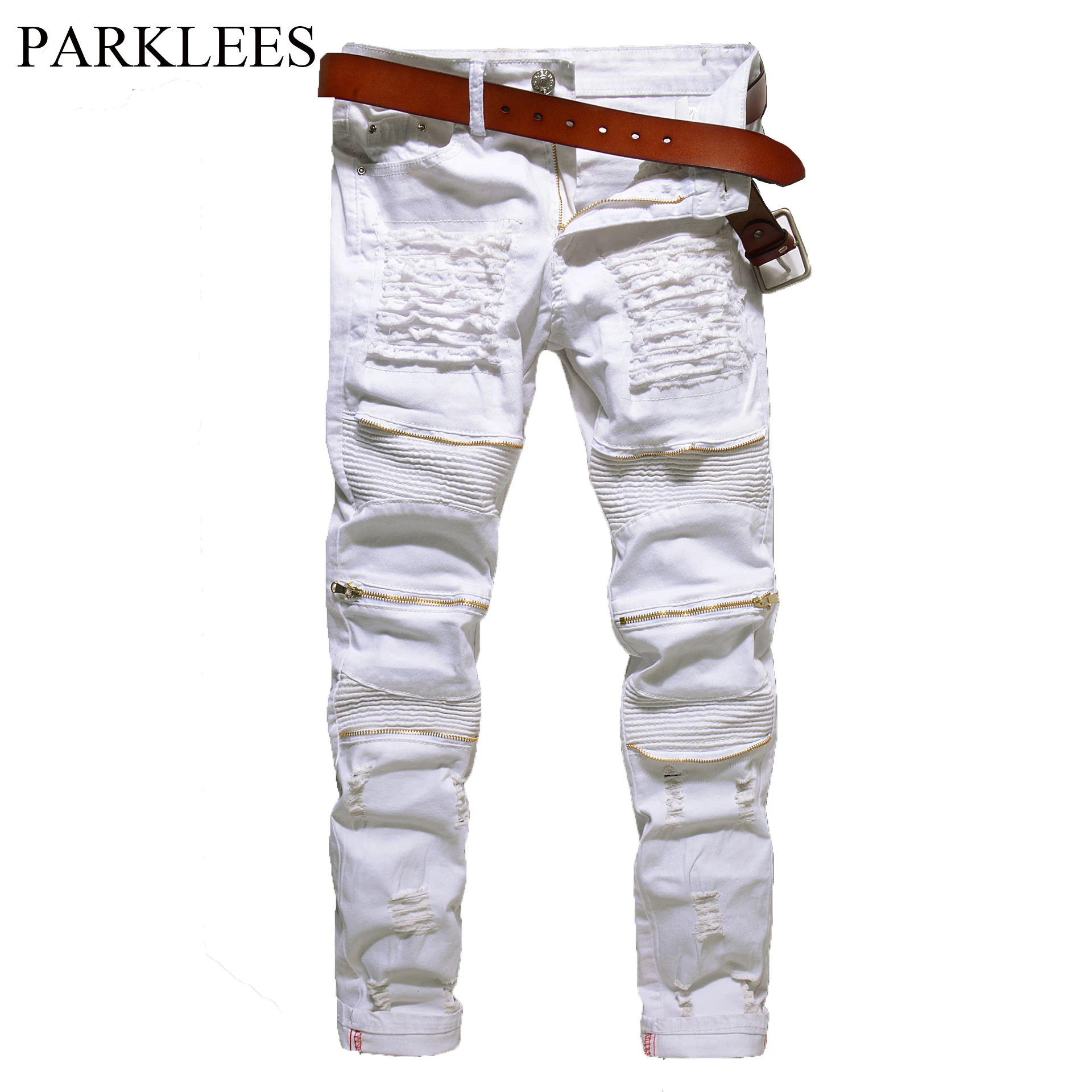 

Parklees Men Street Motorcycle Riding Pants Autumn Cotton Ripped Distressed Pleated Trousers Fashion Stretch Hip Hop Denim Pants