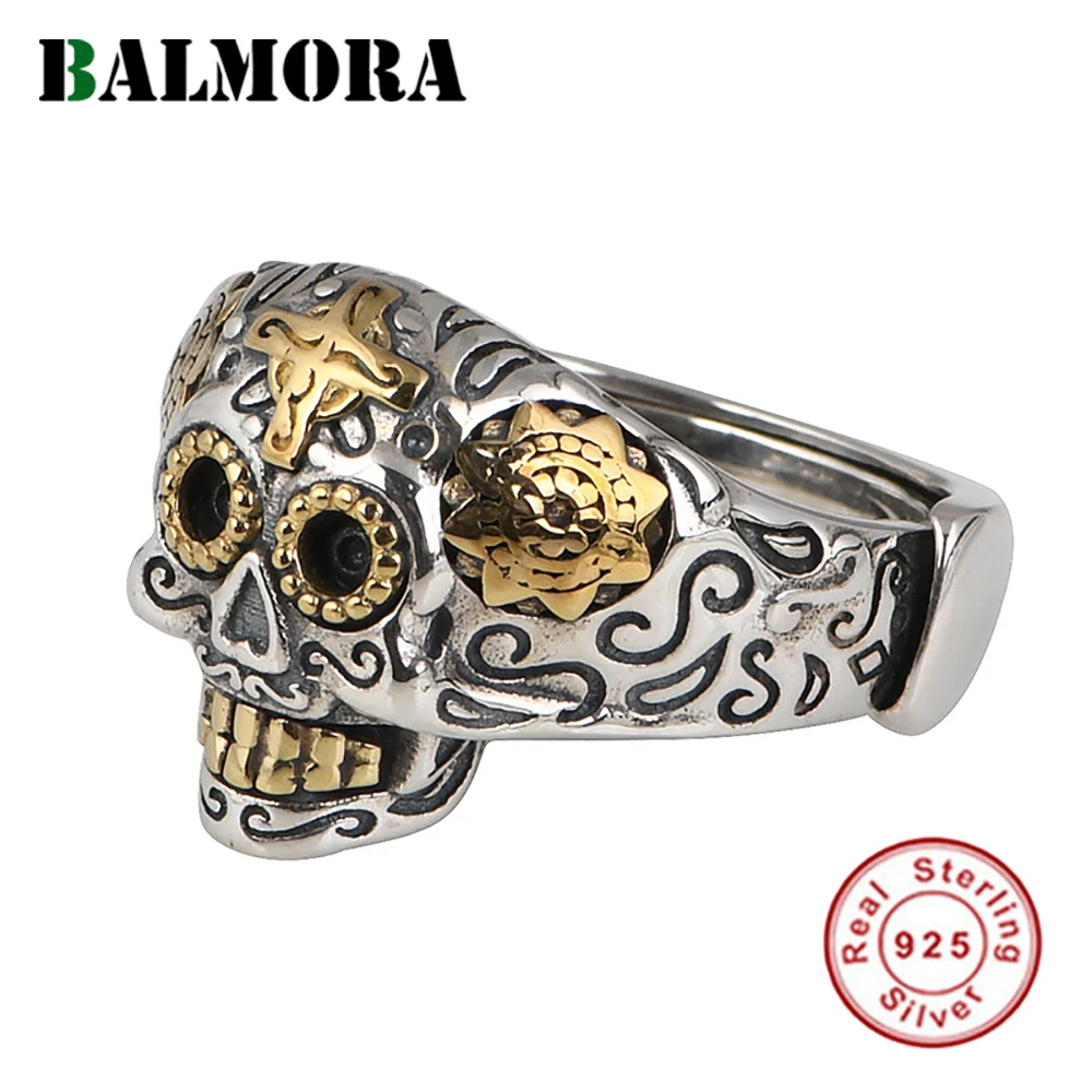 

BALMORA Real 925 Sterling Silver Vintage Punk Skull Cross Finger Rings for Men Couple Hip-pop Fashion Cool Jewelry Anillos Gift