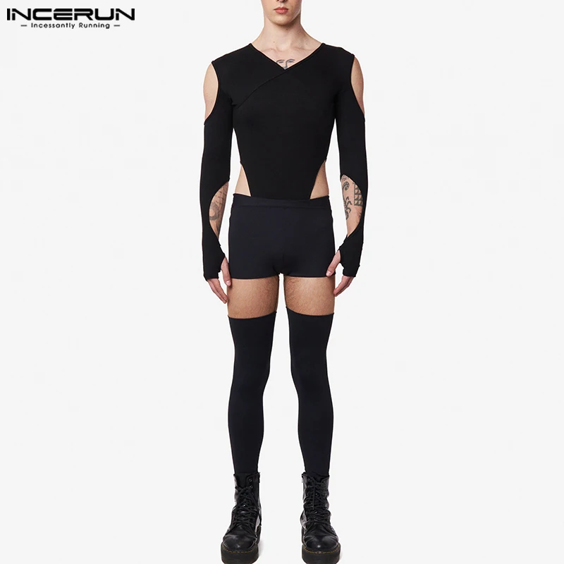 Comfortable Homewear New Men's Fashionable Bodysuit INCERUN Small V-Neck Hollow Solid All-match Long Sleeve Jumpsuits S-5XL 2023