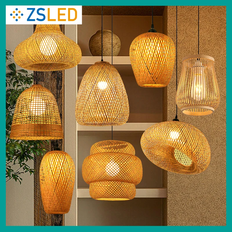 

Bamboo Wicker Rattan Lampshade Rustic Pendant Lamp Weaving Hanging Restaurant Kitchen Chandelier Dining Room Lampe-Rattan Lamp