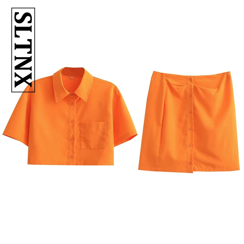 

SLTNX 2022 Woman Recreational Blazer Skirt Two-Piece Short Jacket Skirt Suit Sexy Orange Suits Single Breasted Outwear