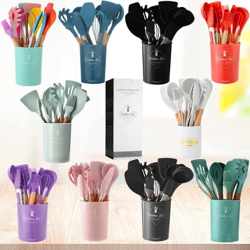 

11pcs Silicone Cooking Utensils Set Kitchenware Non-stick Cookware Spatula Shovel Egg Beater Spoon Wooden Handle Cooking Tool