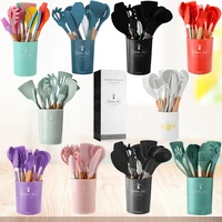 11pcs silicone cooking utensils set kitchenware non stick cookware spatula shovel egg beater spoon wooden handle cooking tool