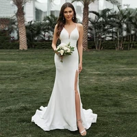 simple wedding dress spaghetti straps thigh slit backless sexy wedding gowns buttons sweep train simple mermaid bridal dresses