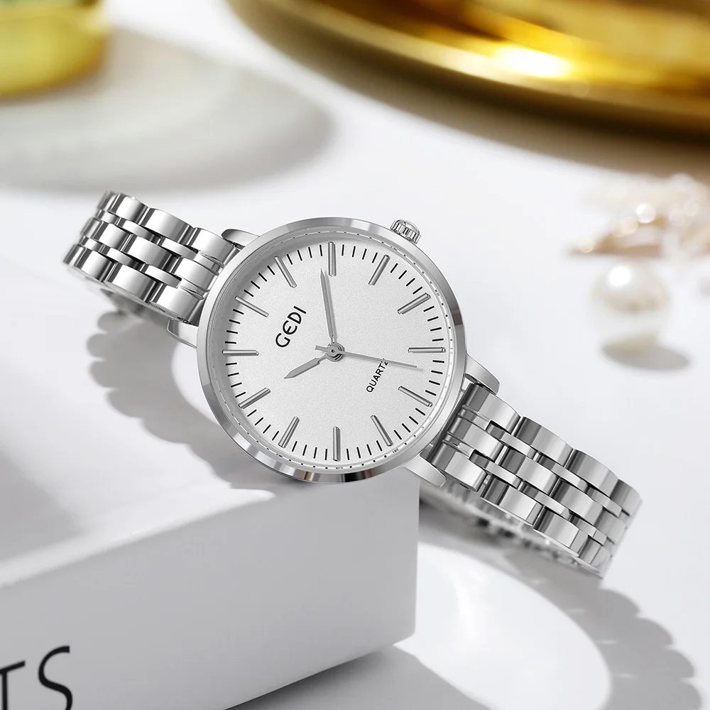 GEDI Fashion Silver Stainless Steel Watch for Women Luxury Brand 30M Waterproof Analog Quartz Elegant Ladies Watch Dropshipping