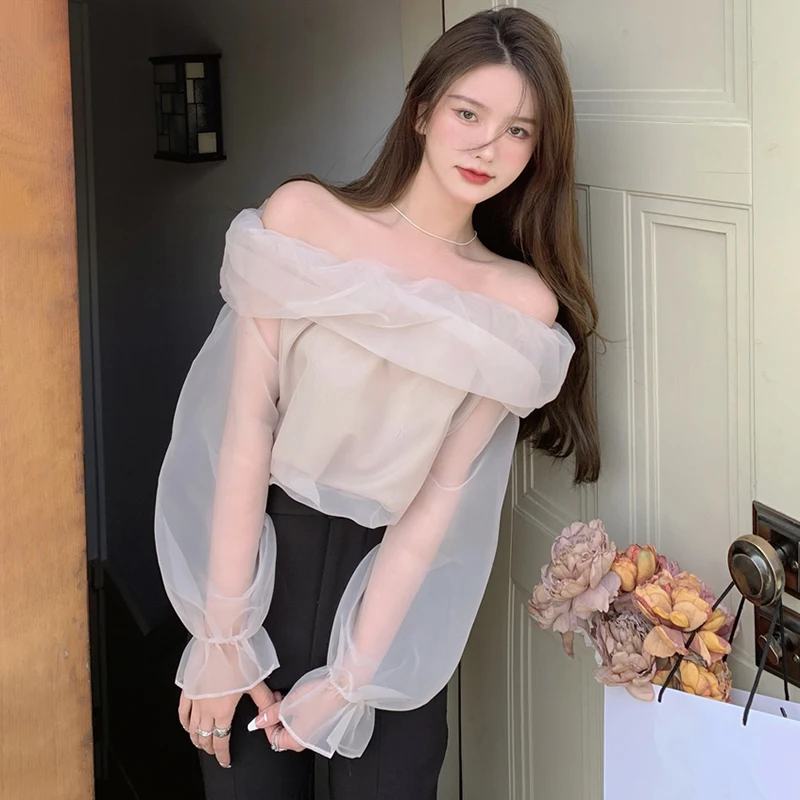 

Женская Элегантная блузка, повседневная приталенная рубашка с длинным рукавом-фонариком и открытыми плечами, Женский шифоновый топ, летние туники