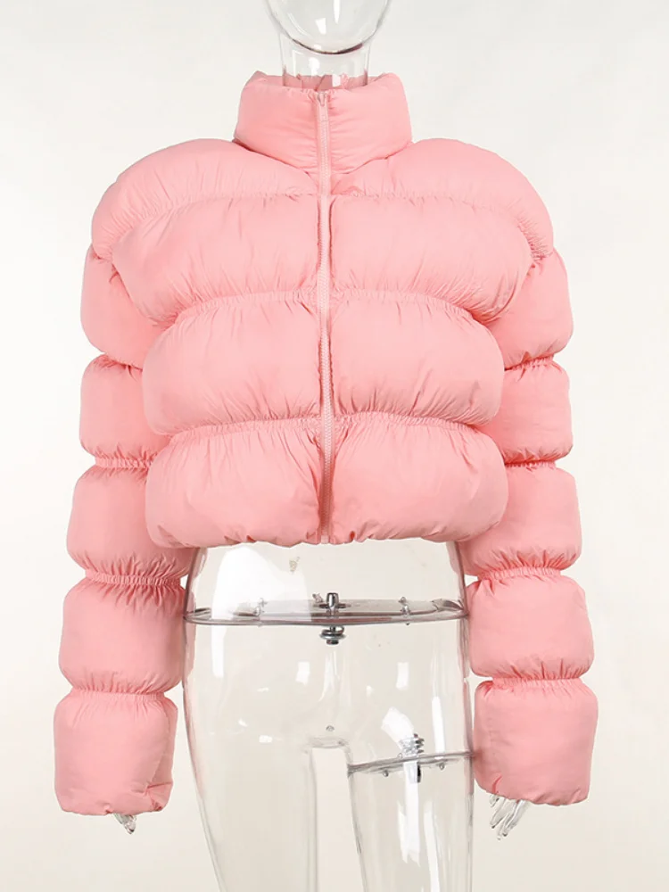 Winter Fashion Stand Collar Zipper Pink Puff Parkas for Women 2022 Casual Warm Cotton Padded Coat Ladies Sweet Jackets Outerwear