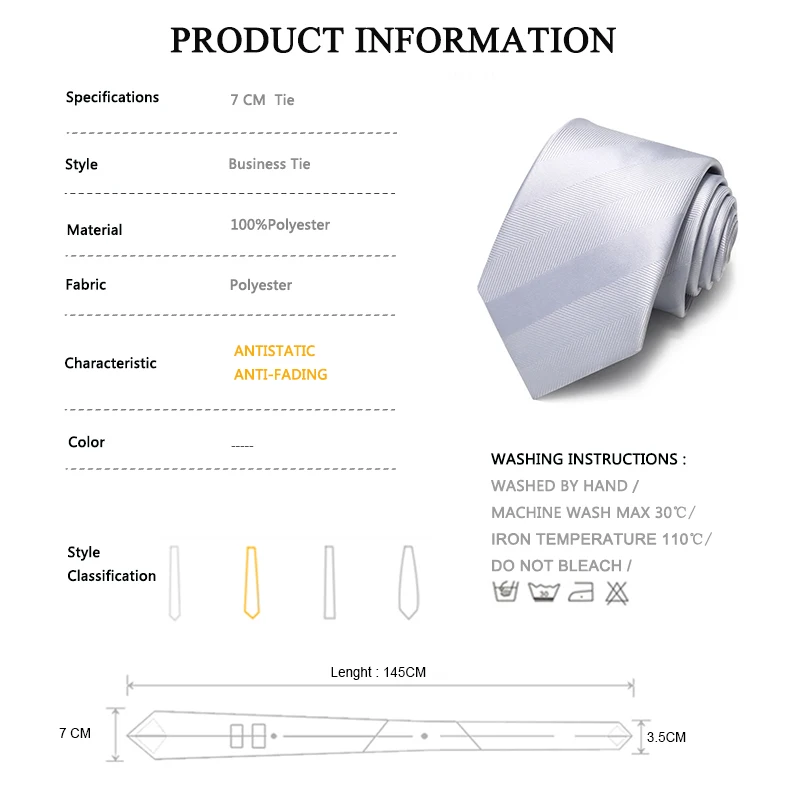 Fashion Classic Formal Business Tie For Men High Quality Silk Polyester 7 CM Silver Necktie Men's Gift