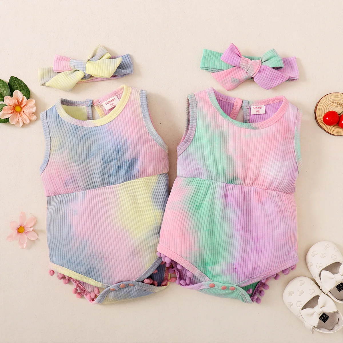 

hibobi Baby Girl Tie Dye Bodysuit Headband Two-piece