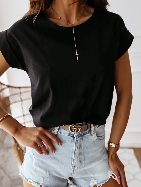 

Lantern Sleeve Stitching Pleated Zipper Dress Women's Summer Simple Solid Color Short-sleeved Round Neck Women's T-shirt Bottomi