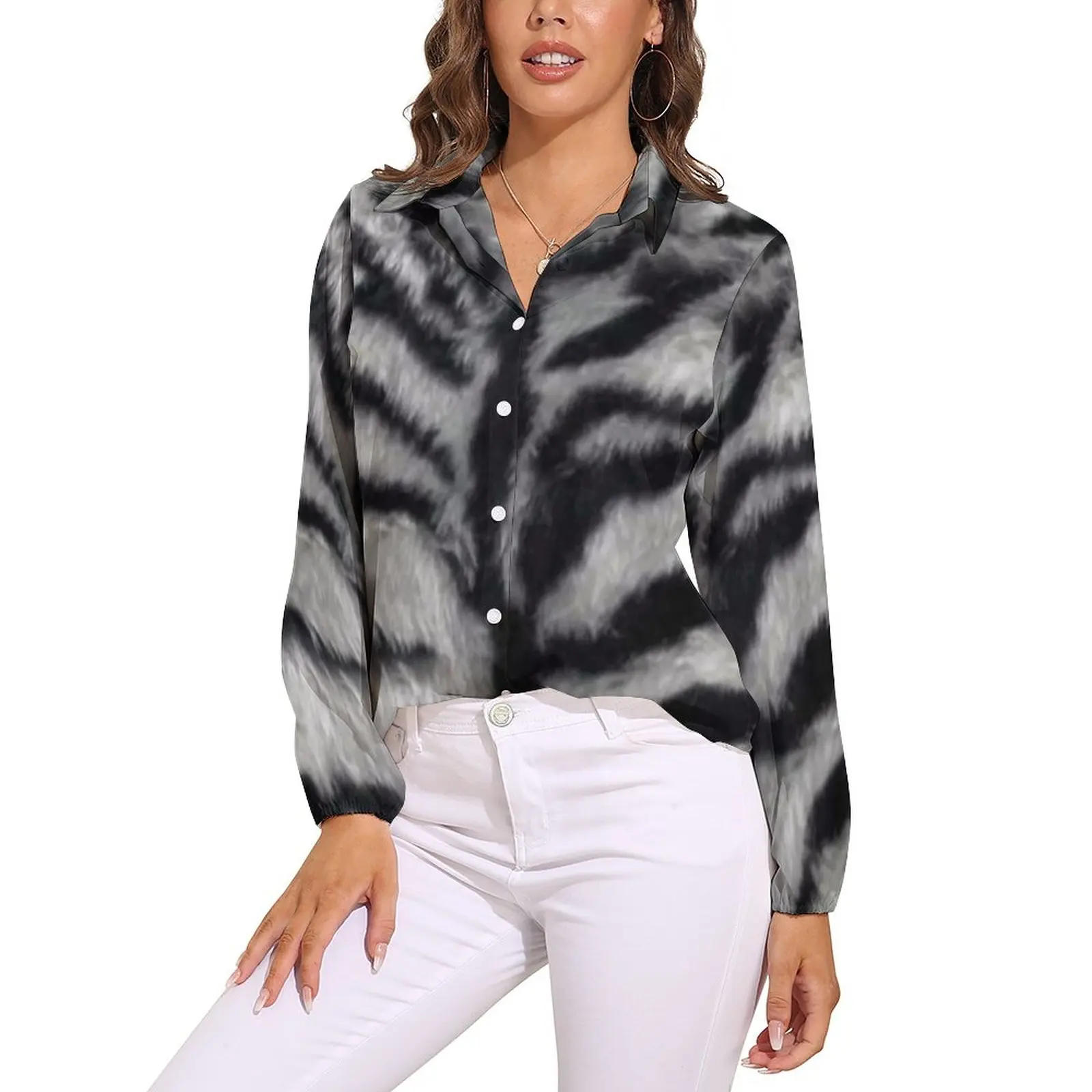 

White Tiger Print Blouse Animal Skin Fur Trendy Pattern Blouses Female Casual Shirt Summer Long Sleeve Oversized Clothes