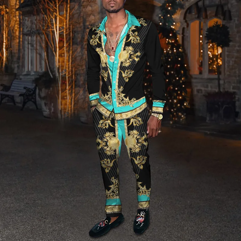 2023 Spring Men's Party Dress Shirt Pants Suit Fashion Brand 3D Vertical Bar Graph Cardigan Slacks Oversized S-4XL Men Clothing