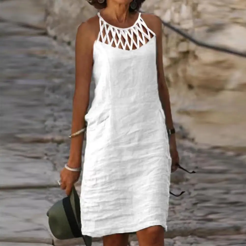 

Fashion Women Dress Anti-pilling Holiday Dress Sleeveless Dressing Up Women Summer Pure Color Dress