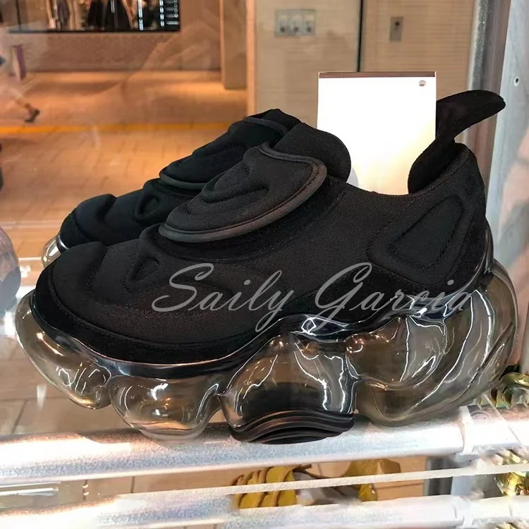 Light Blue Black Round Toe Thick Sole Air Cushion Bubble Transparent Heel Height Increasing  Leisure Sneakers Shoes For Women