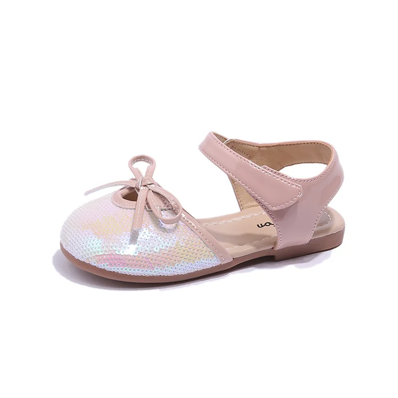

Children Shine Sequin Kids Fashion Girls Sandals 2023 Bow Hook & Loop Classic Sweet Princess Mary Janes for Party Wedding Shows