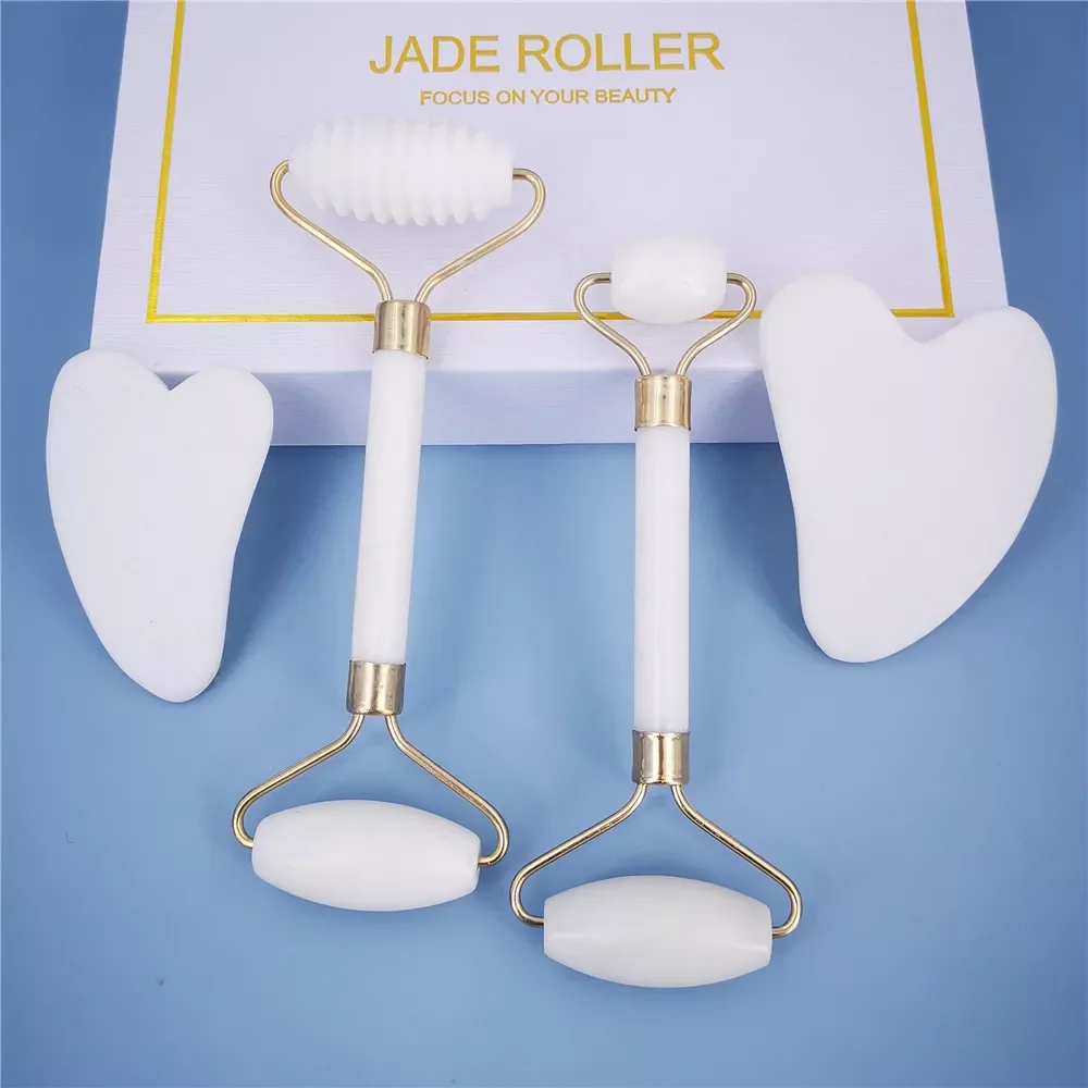 

New White Jade Stone Massage Natural Quartz Scraper Jade Roller Gua sha Set White Face Lifting Facial Massager Tool for Back