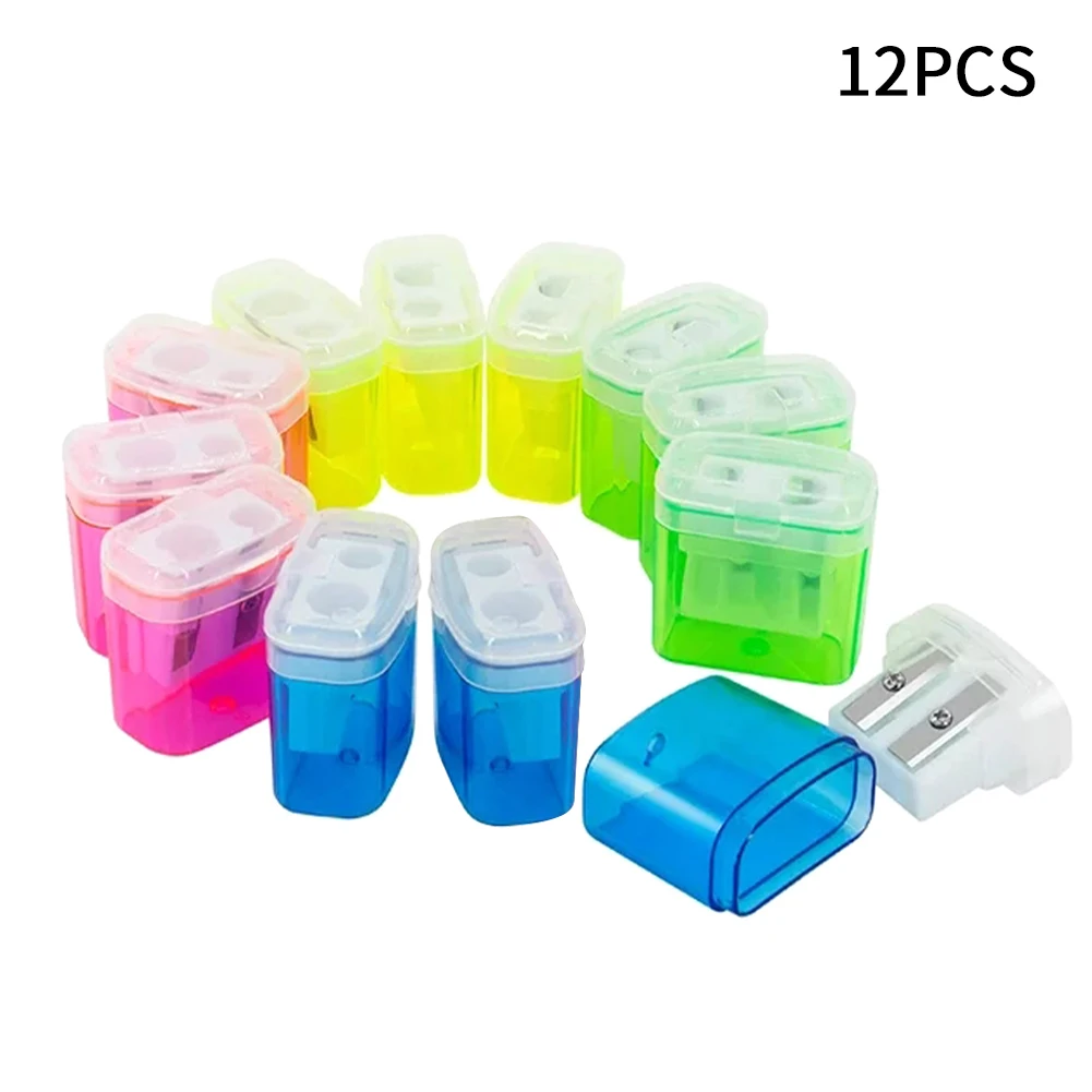 

12pcs Mini Portable Stationery Student For Kids Carpenter With Lid Pencil Sharpener Sketching Transparent Home Office 2 Holes