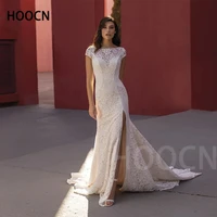 herburnl elegant wedding dress lace short sleeves high slit trailing backless new elegant bridal dress vestido de casamento
