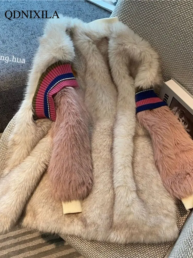 Women's Fur Coat Faux Fur Coat Splicing Baseball Collar Women's 2022 Autumn and Winter New Fashion Plush Thickened Short Coat