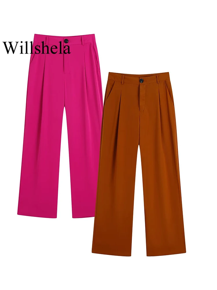 

Willshela женские модные однотонные брюки на молнии спереди, винтажные брюки с высокой талией, женские шикарные прямые брюки Mujer