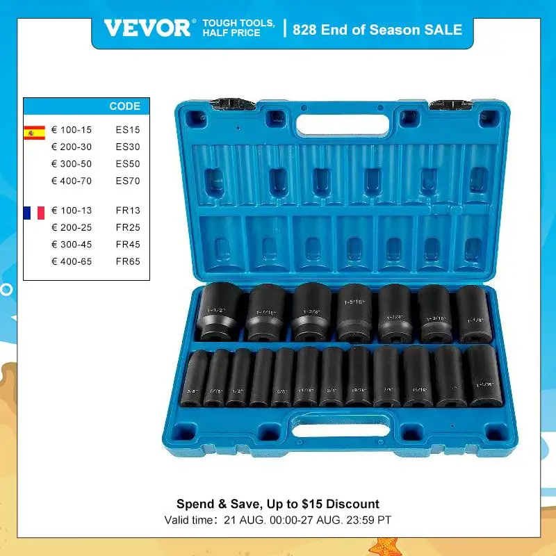 VEVOR 14 19 26 PCS Impact Sockets Set 1/2 Inch Standard Deep Drive 6-Point Socket With Carrying Case for Remove Wheel Lug Nuts
