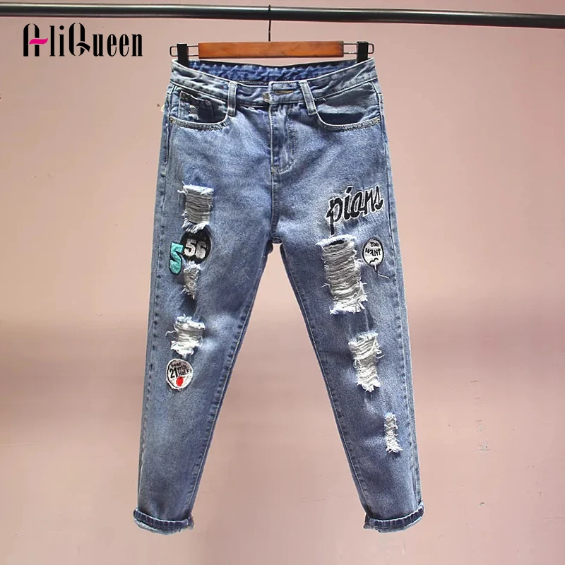 

Vintage Streetwear Ripped Jeans for Women Letters Embroidery Holes Pencil Denim Pants Femme Harem Pant Woman Trousers
