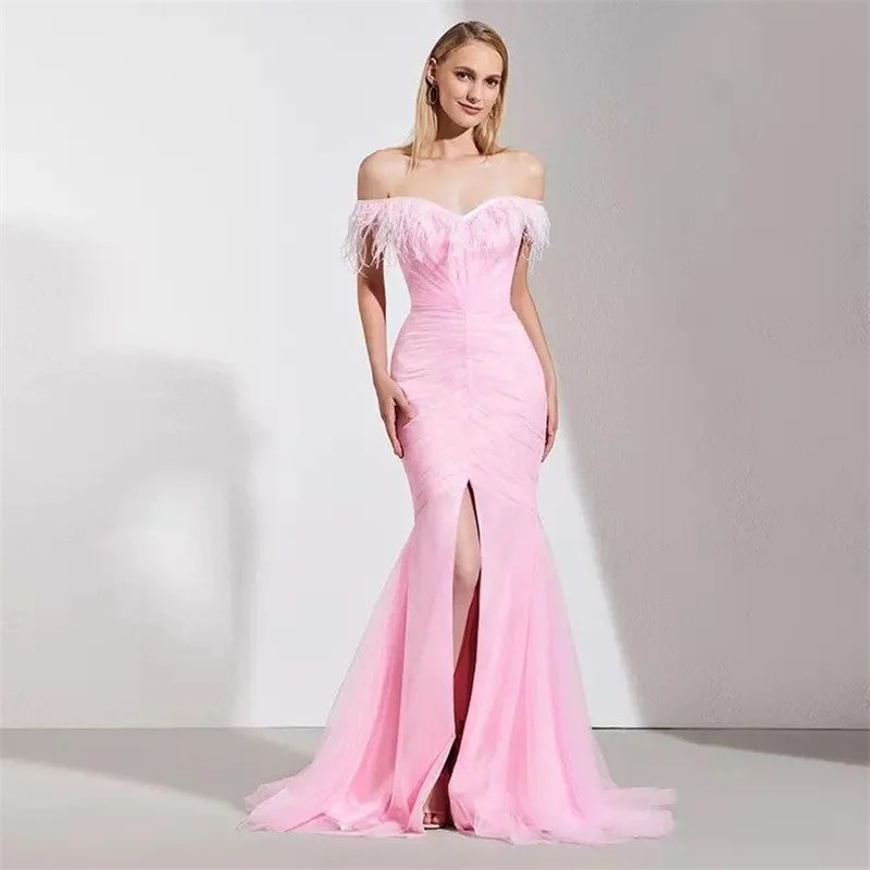 

Pink Feather Gorgeous Prom Dress Off Shoulder Split Evening Dress Customized Zipper Floor Mopping Party Dress