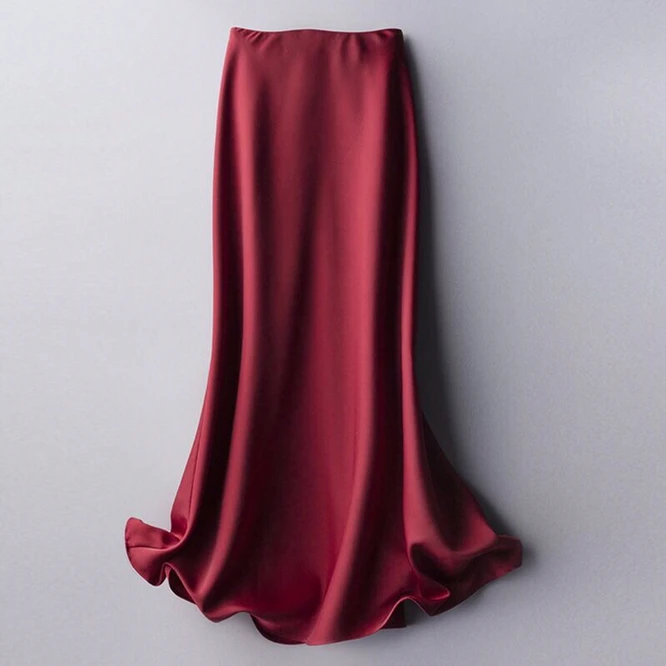 Spring Summer Autumn Women Solid Quality Satin Midi Skirt Vintage Side Zipper Office Ladies Elegant Chic A-line Skirts Wine Red