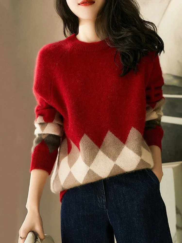 Зимний ретро-модный новый женский элегантный роскошный свитер с круглым вырезом