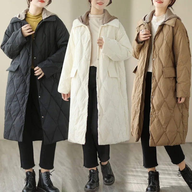 Detachable hooded lapel cotton jacket women's mid-long winter 2022 diamond lattice mid-long cotton jacket