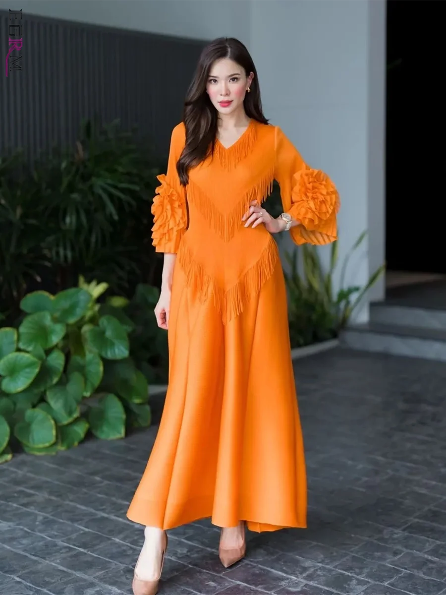 Женское плиссированное платье EGRM средней длины ТРАПЕЦИЕВИДНОЕ ПЛАТЬЕ с бахромой