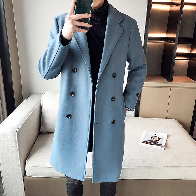 

Men's Autumn and Winter New Casual Slim Mid-length Solid Color Woolen Coat Jacket Double-breasted Comfortable 3 Colors Optional