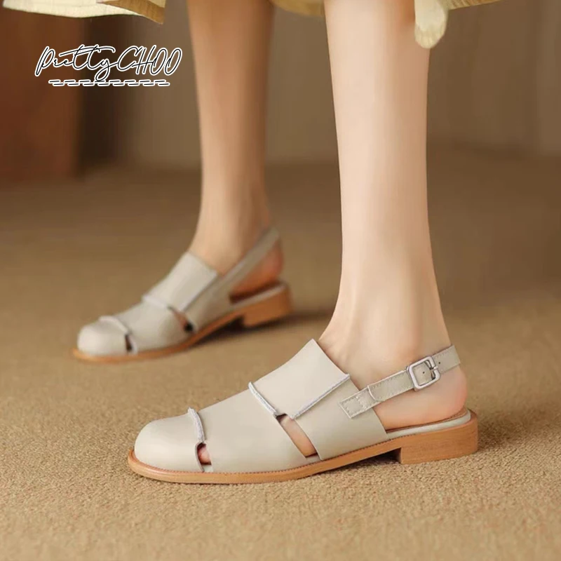 Сандалии женские в греческом стиле мягкая кожа Круглый закрытый носок ремешок на