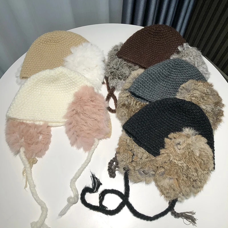 

2022 Ear Protection Rabbit Beanies Hat Winter Furry Fur Women's Hats Thickened Warm Knitted Lei Feng Cap Plush Bomber Caps Men