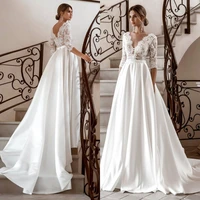 elegant long sleeve lace sweep brush train wedding dresses v neck satin a line 2022 vestido de novia bridal gown new vintage si