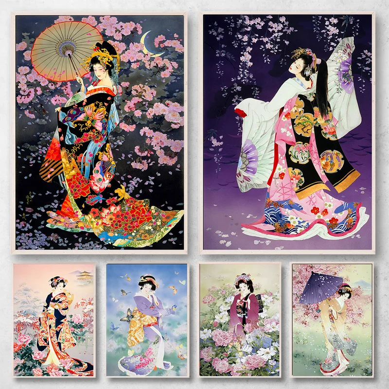

Kimono Girl Portrait Poster and Prints Canvas Painting Japanese Geisha Vintage Wall Art Picture Living Room Home cuadros Decor