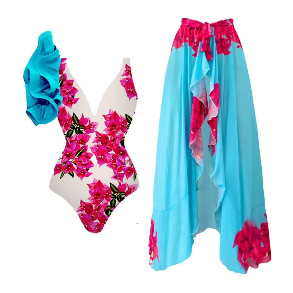 

Винтажный купальник с цветочным принтом, новинка 2023, женские купальники с оборками, бразильский дизайнерский праздничный купальный костюм ...