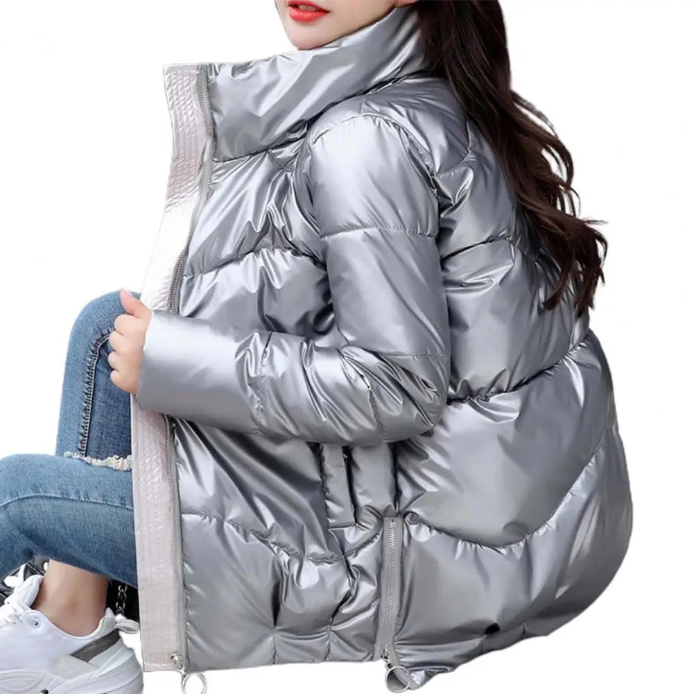 

Side Zipper Stand Collar Lady Puffer Cotton Coat Women Coat Bright Surface Lady Casual Thermal Jacket Coat Outerwear