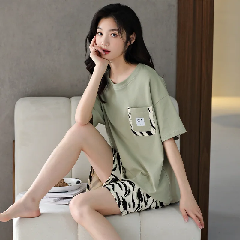 2023 New Pajamas for Women's Summer Short-sleeved Thin Plaid Can Be Worn Outside Home Service Suit Breathable and Soft Nightwear