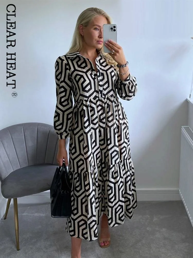 

Женское плиссированное платье с отложным воротником, повседневное винтажное платье средней длины с принтом и длинными рукавами, лето 2022
